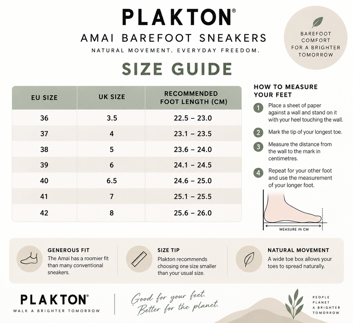 Plakton Amai Barefoot Sneakers size guide showing EU and UK shoe sizes, recommended foot lengths in centimetres, measuring instructions and barefoot footwear fitting tips.