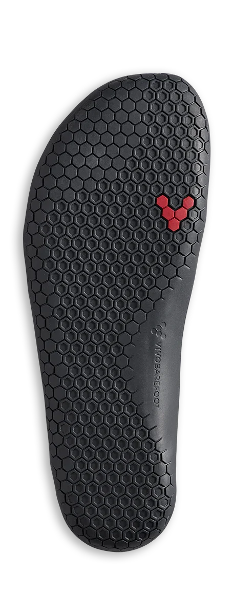 Black shoe sole with a red logo on a white background