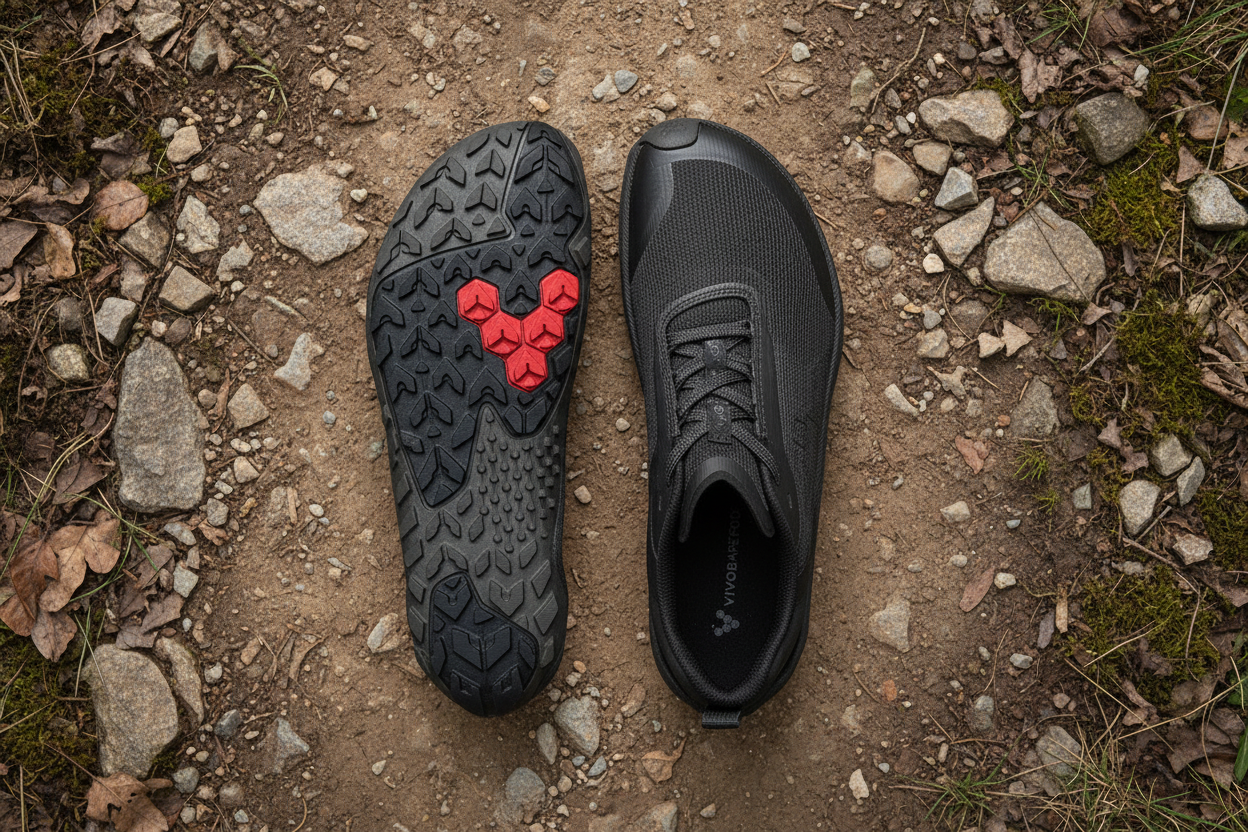 Black hiking shoes with red heart design on tread pattern on a rocky ground.