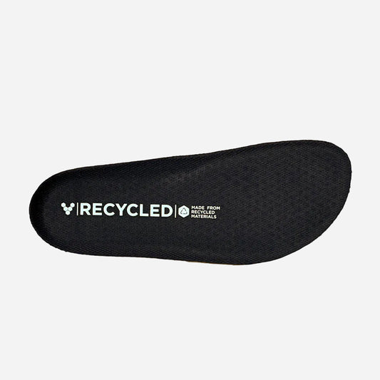 Black shoe insole with 'Recycled' branding on a white background