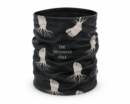Black neck gaiter with footprints and 'The Grounded Sole' text on a white background