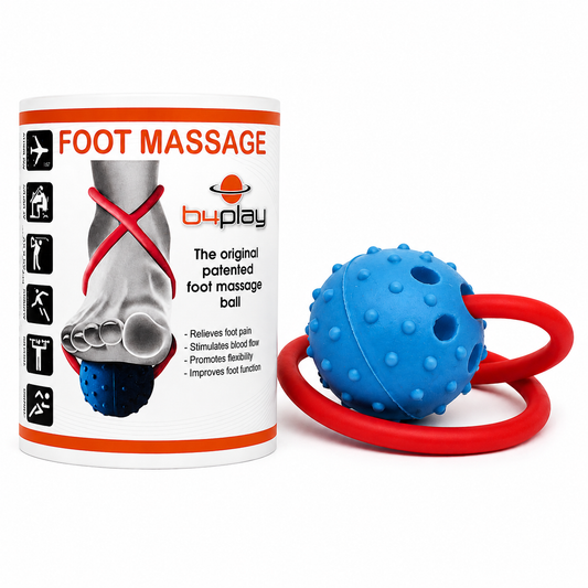 B4Play foot massage ball with textured blue massage ball and red resistance loop, designed for foot mobility, plantar fascia release and recovery.