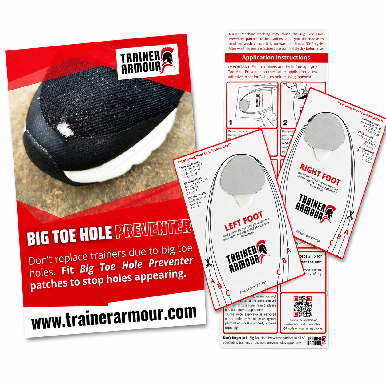Trainer Armour Big Toe Hole Preventer patches and application templates designed to protect shoe and trainer uppers from big toe wear and holes.