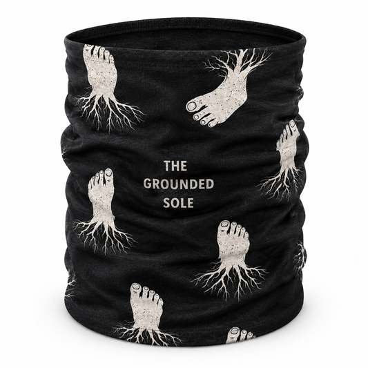 Black neck gaiter with footprints and 'The Grounded Sole' text on a white background