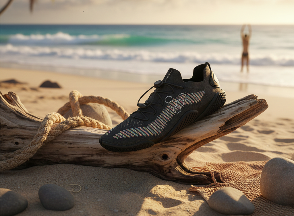 Black water shoe with colorful sole on a piece of driftwood by the beach