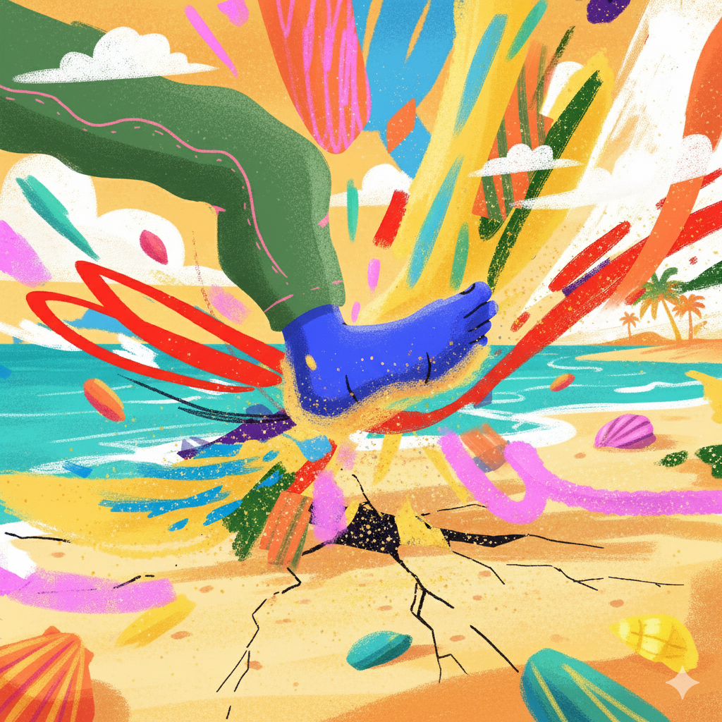 Colorful abstract artwork with a foot stepping on sand and water.