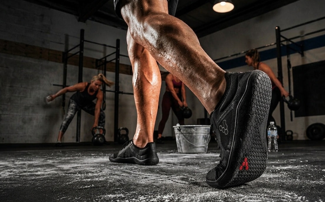 Person wearing black athletic shoes with a red logo in a gym setting