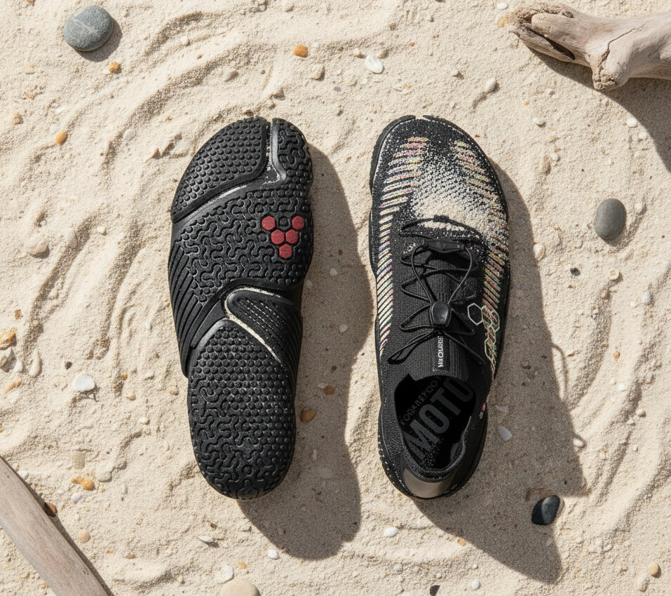 Black athletic shoes on a sandy surface with pebbles and sand around.