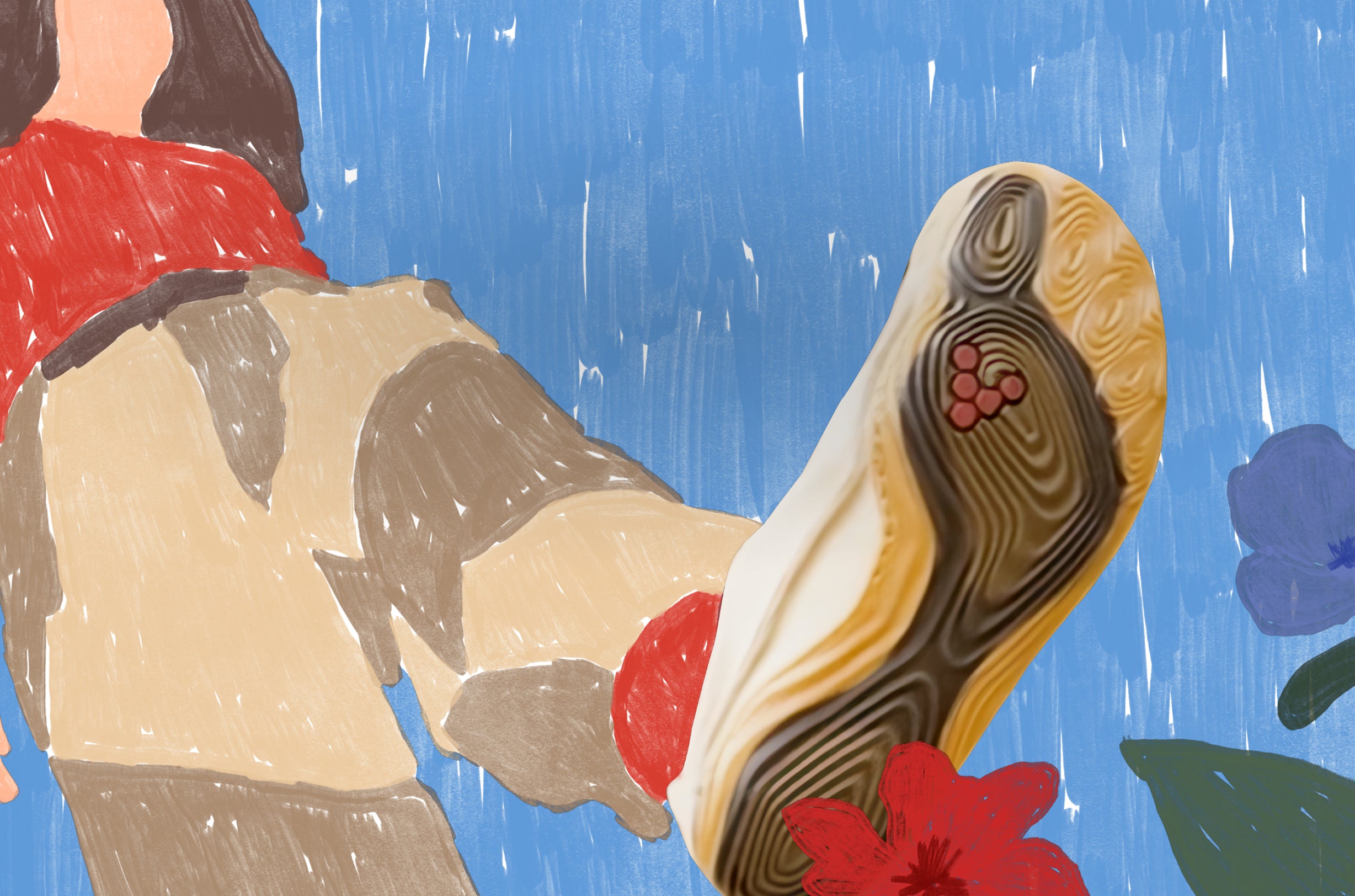 Illustration of a person wearing boots with a blue background and floral elements.