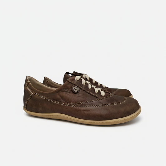 Brown leather shoes with white laces on a white background
