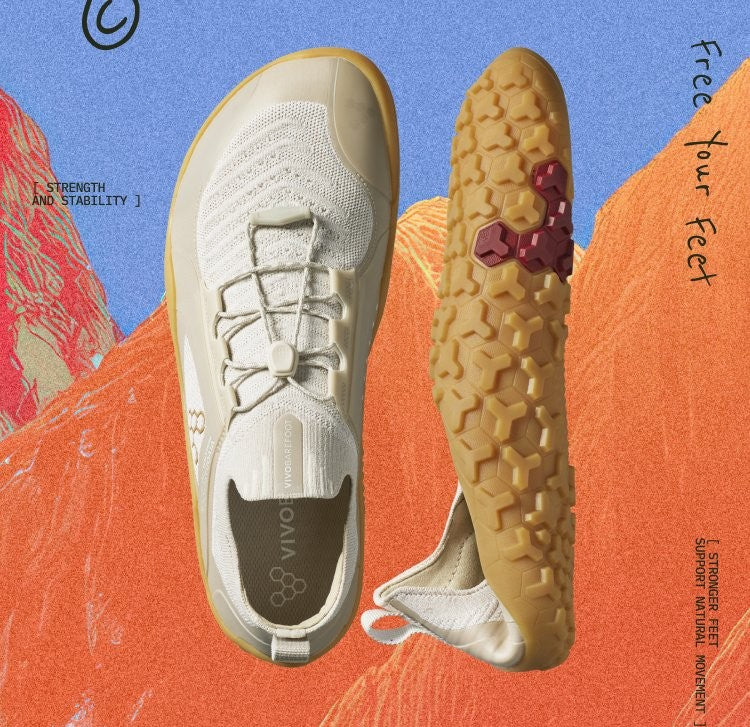 Beige athletic shoe with textured sole on a colorful background