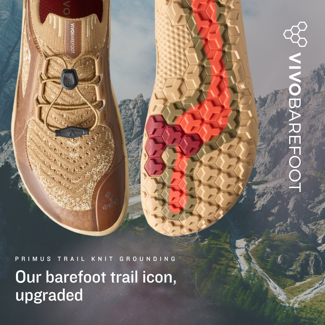 A close-up promotional product image showing a Vivabarefoot hiking shoe from the side and the outsole detail, set against a blurred mountain landscape. Text reads 'PRIMUS TRAIL KNIT GROUNDING', 'Our barefoot trail icon, upgraded', and 'VIVABAREFOOT'.